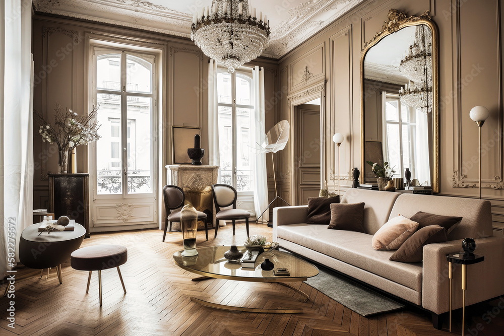 A Parisian chic style room interior design features a harmonious blend