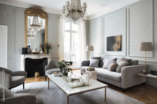 A Parisian chic style room interior design features a harmonious blend of elegant and timeless furniture pieces with unique accents and sophisticated details - Generative AI © Hanjin