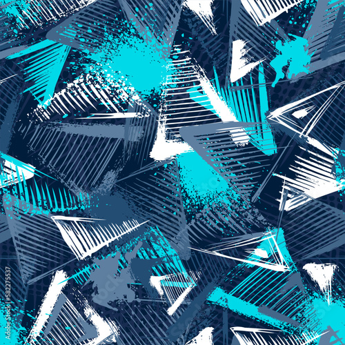 Abstract seamless chaotic pattern with urban geometric elements, scuffed, drops, triangles, spots, sprays Grunge neon texture background. Wallpaper for boys and girls