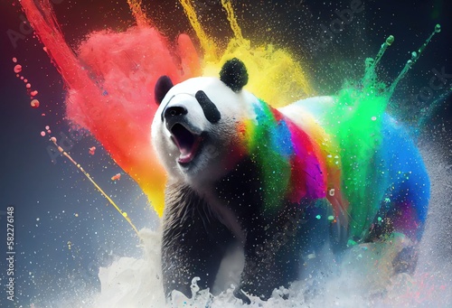 Panda Rainbow Multi Color Explosion In Awesome Style Generative AI photo