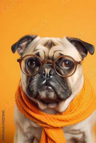 Hipster Cute Dog with glasses, Funny Art Illustration, Anthropomorphic Dogs, Generative AI