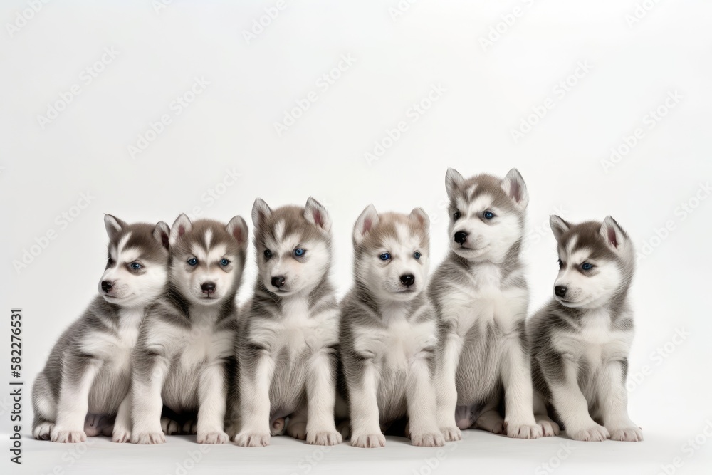 Ten day old Siberian huskies puppies, isolated on a white backdrop. Generative AI