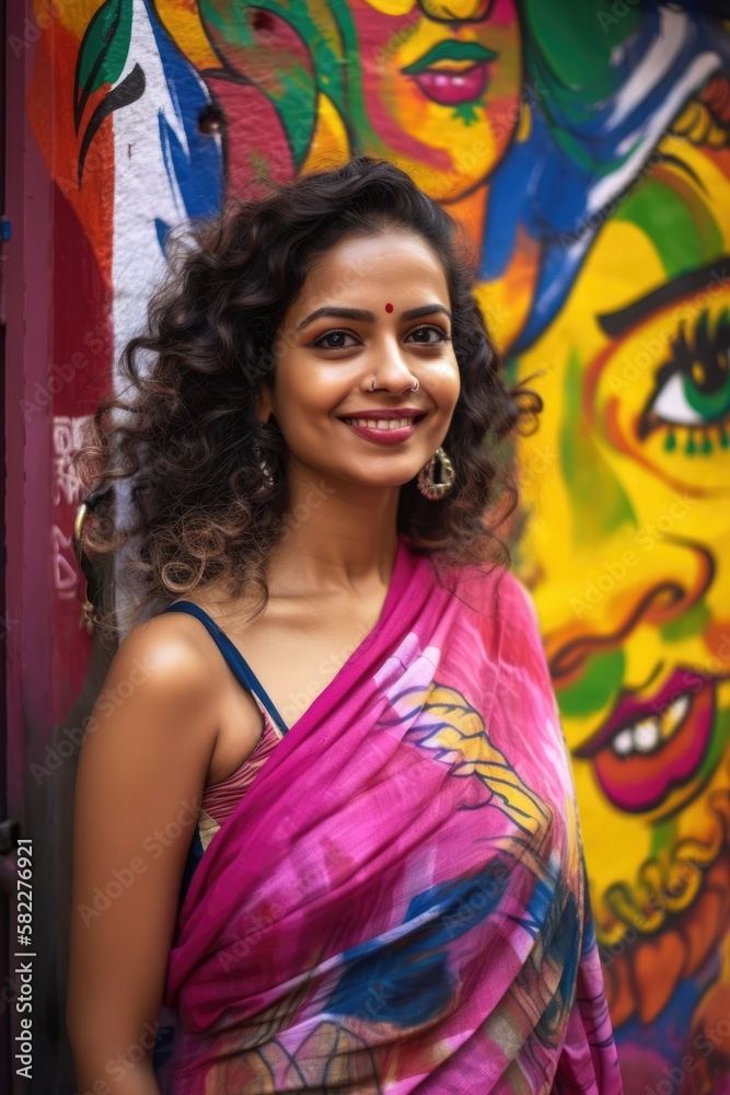 Naklejka premium Smiling attractive Indian woman wearing a pink saree standing in the street with a colorful graffiti in the background. Generative AI