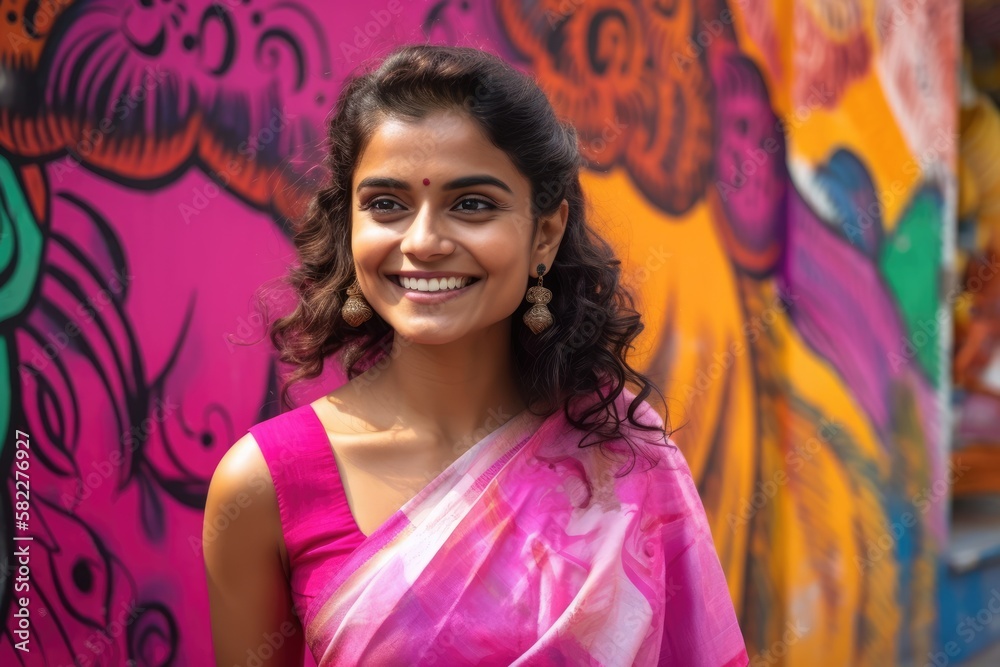 Fototapeta premium Smiling attractive Indian woman wearing a pink saree standing in the street with a colorful graffiti in the background. Generative AI