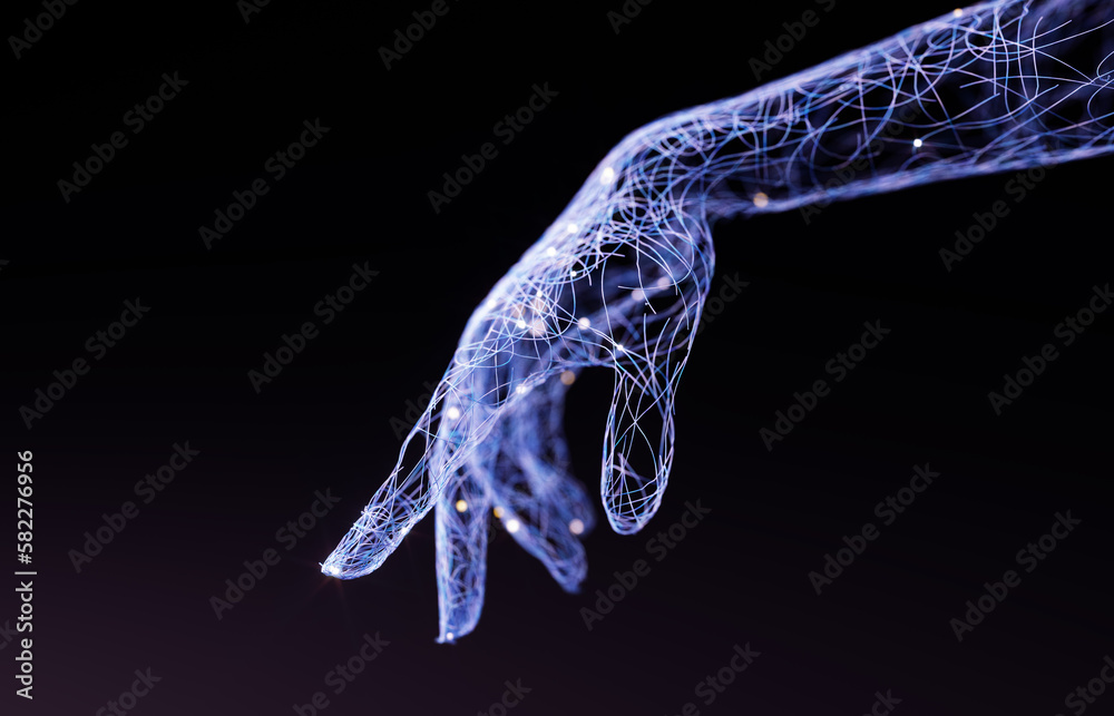 Index finger of abstract artificial intelligence hand, 3d rendering virtual reality and metaverse concept.