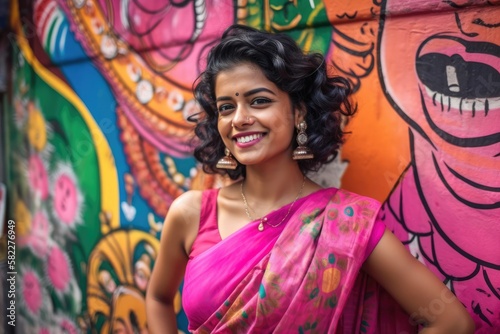 Smiling attractive Indian woman wearing a pink saree standing in the street with a colorful graffiti in the background. Generative AI