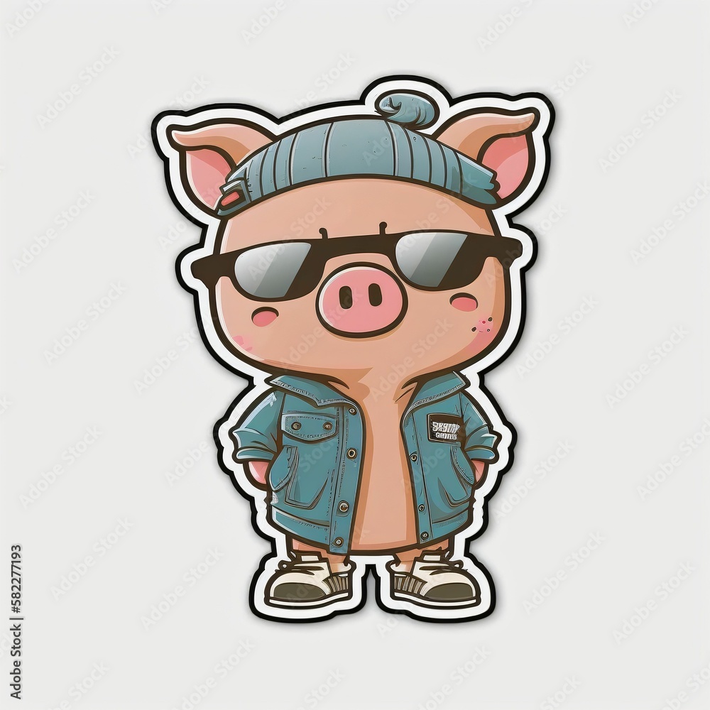 Cochon kawaii avec des vêtements humain et des lunettes de soleil, dessin façon sticker sur fond blanc, ia générative 4