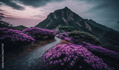  a mountain with purple flowers on the side of it and a road going up the side of the mountain to the top of the mountain. generative ai