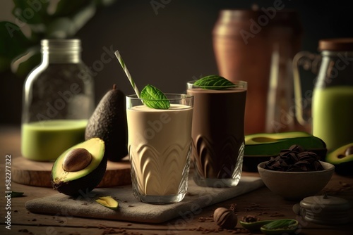 Two glasses of avocado shake or smoothie. AI generated