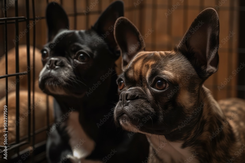 French bulldog and Chihuahua dogs calmly and steadily wait for sweets inside the cage. Cute dogs. Generative AI