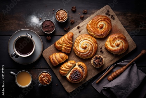 Variety of homemade puff pastry buns cinnamon rolls and croissant served with coffee cup. AI generated