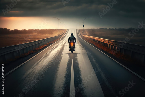 Motorcycle driver riding alone on asphalt motorway. AI generation © yuliachupina