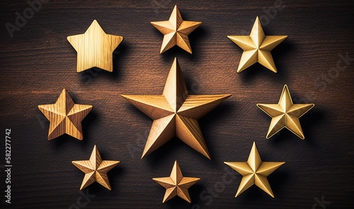  a group of gold stars on a wooden surface with a black background and a white one in the middle of the image and the other gold stars in the middle of the image. generative ai