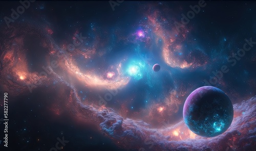  an image of a space scene with planets and stars in the background and a blue and pink star in the foreground  and a blue and pink star in the middle.  generative ai