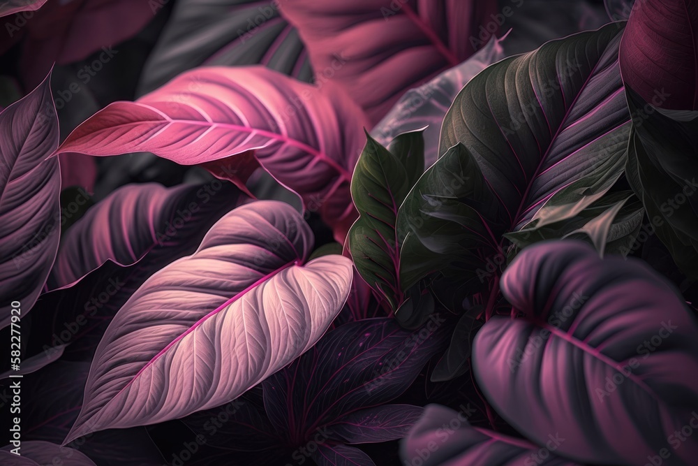 Pink plant leaves background floral tropical pattern. AI generation Pink plant leaves background floral tropical pattern. AI generation