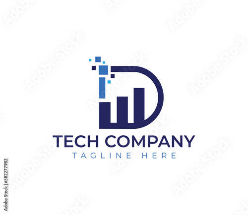 Abstract creative letter D logo vector template for a technology company with corporate bar and tech pixels