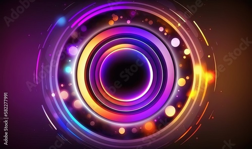  an abstract background with a circular design in purple and yellow colors with a black background and a black background with a white circle and a. generative ai
