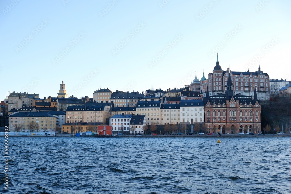 Stockholm waterfront view towards Sodermalm district with historic Mariahissen building and Monteliusvagen, Sweden, Scandinavia	
