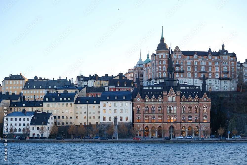 Stockholm waterfront view towards Sodermalm district with historic Mariahissen building and Monteliusvagen, Sweden, Scandinavia	
