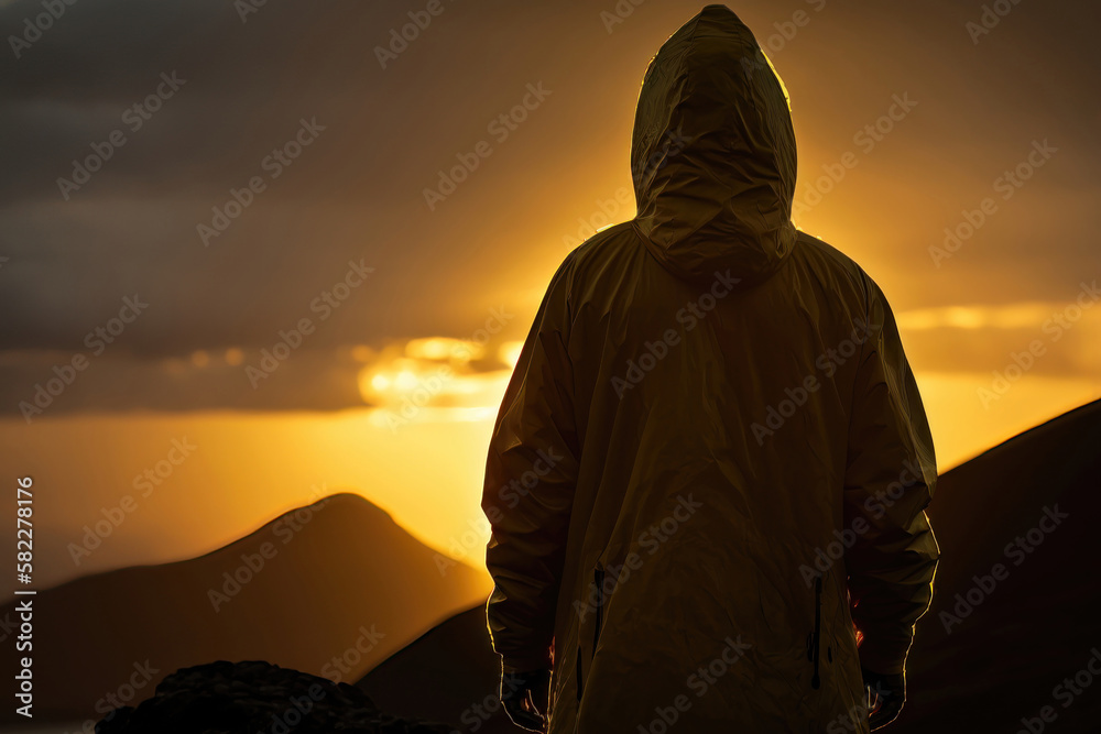 Creative background, Silhouette of business man with a raincoat, Businessman on the background of a beautiful, golden sunset. AI Generation Creative background, Silhouette of business man with a raincoat, Businessman on the background of a beautiful, golden sunset. AI Generation
