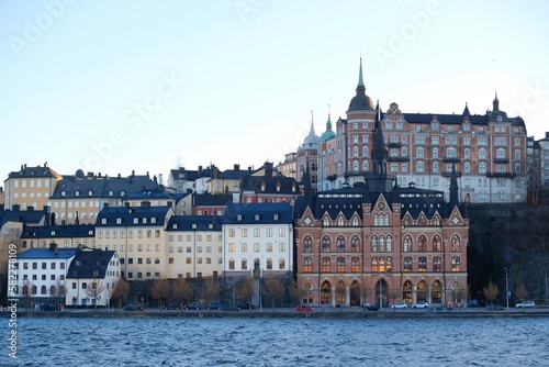 Stockholm waterfront view towards Sodermalm district with historic Mariahissen building and Monteliusvagen, Sweden, Scandinavia 