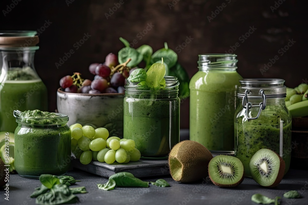 Green health smoothie, kale leaves, lime, apple, kiwi, grapes, banana, avocado, and lettuce in glass jar cups. Copy space Concept of raw, vegan, vegetarian, and alkaline food. Banner. Generative AI Green health smoothie, kale leaves, lime, apple, kiwi, grapes, banana, avocado, and lettuce in glass jar cups. Copy space Concept of raw, vegan, vegetarian, and alkaline food. Banner. Generative AI