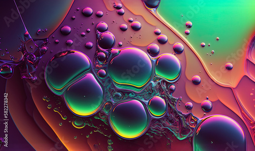  a close up of a colorful liquid filled with drops of water on a purple background with a green and pink background and a black border. generative ai