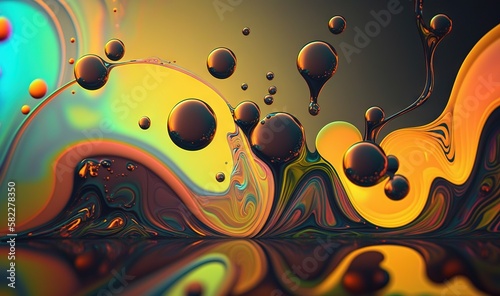  an abstract painting of liquid and bubbles on a black background with a yellow and blue swirl in the middle of the image and a black background. generative ai