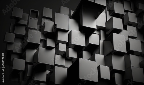  a black and white photo of a bunch of cubes in the air with a black background and a black background with a black and white photo of a cube.  generative ai