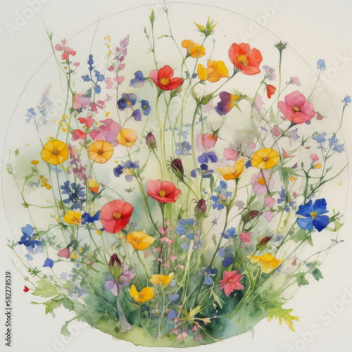 A digital watercolor illustration of a circle of spring flowers and greenery. Generative AI.