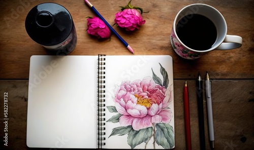  an open notebook with a flower on it next to a cup of coffee and a pair of pencils on a wooden table with a cup of coffee. generative ai
