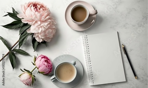  a cup of coffee and a notebook on a marble table with pink peonies and a pen and a pencil on it and a white marble surface with a marble surface. generative ai