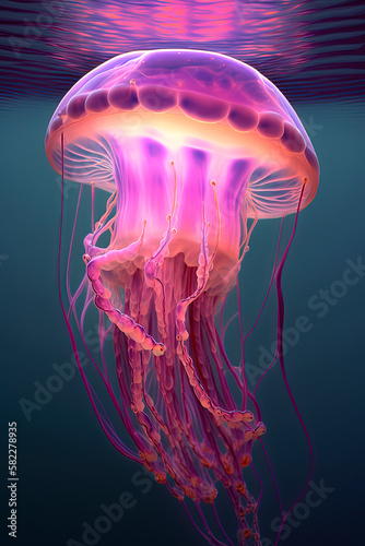 A purple jellyfish that is floating in the water. Generative AI