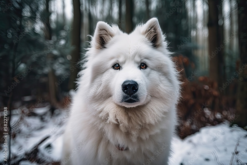 Fluffy, purebred dog amid a winter forest. Samoyed. Generative AI Fluffy, purebred dog amid a winter forest. Samoyed. Generative AI