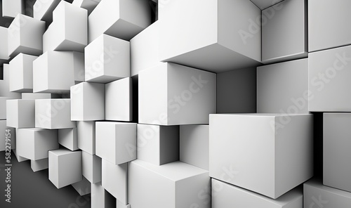  a bunch of white cubes are stacked up in a row on the wall of a room with a black floor and a black floor.  generative ai