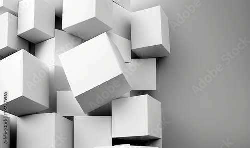  a bunch of white cubes that are stacked up in the air on a gray background with room for text or image to be added. generative ai