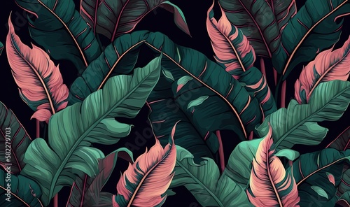 Wallpaper Mural  a bunch of green and pink leaves on a black background with pink and green leaves on the bottom of the image and the bottom half of the image of the leaves.  generative ai Torontodigital.ca