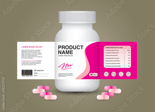 supplement bottle Packaging, Cosmetic package. product design. Beauty label, 3d supplement bottle vector, 3d white plastic Pills box, White medical container. healthcare bottle, realistic mock-up.