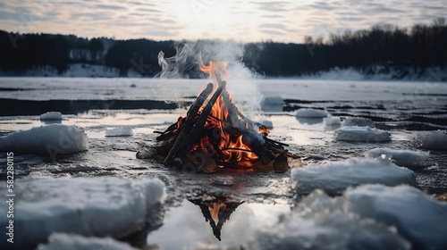 a campfire at a lake wallpaper photo