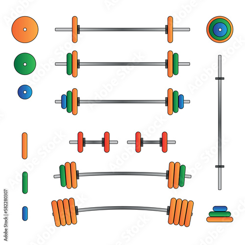 Set of barbells, dumbbells and disk for the gym. Barbells of different weights for fitness. Creation of bars with different weights. Fretboard set