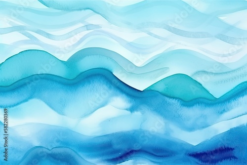 Blue azure turquoise abstract watercolor background for textures backgrounds. Abstract background blue colors. Watercolor painting with turquoise sea waves pattern gradient - Generative AI © Hanjin