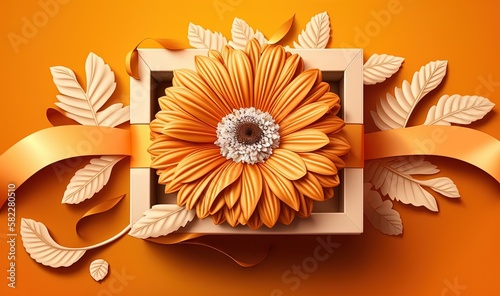  a paper cut sunflower with a ribbon around it on an orange background with leaves and ribbons around the edges of the frame  with a decorative bow around the edge.  generative ai