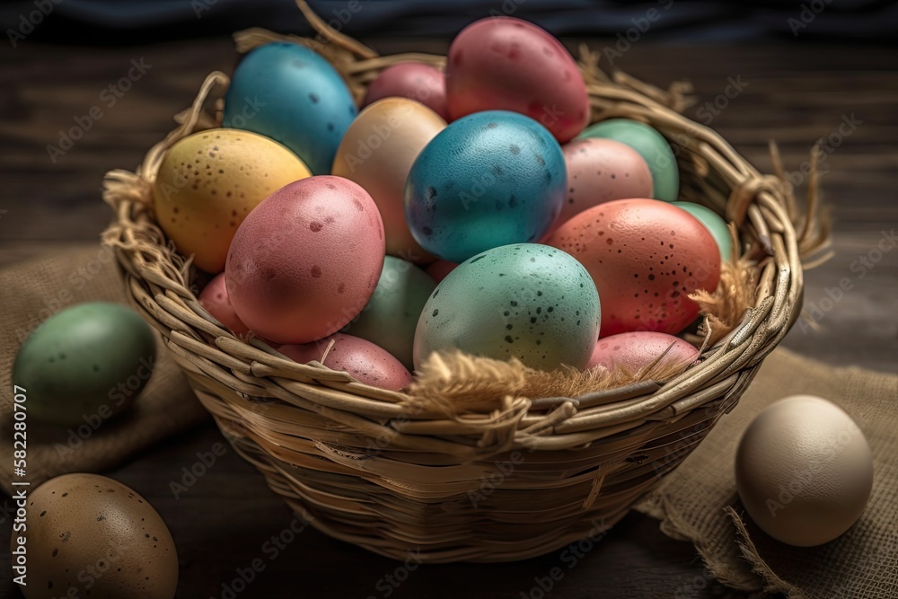 Easter eggs in a basket of various colors on a wooden background. Generative AI Easter eggs in a basket of various colors on a wooden background. Generative AI