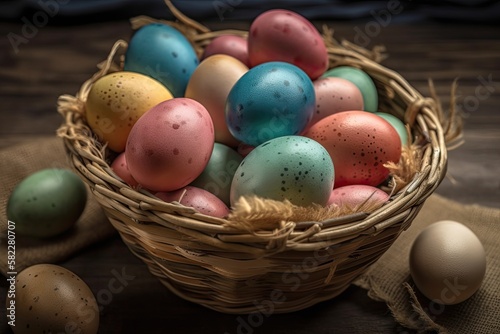 Easter eggs in a basket of various colors on a wooden background. Generative AI