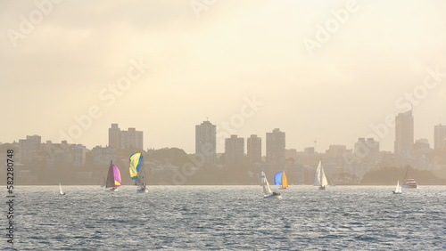 Racing sailboats cruising the waters of Double Bay in a hazy afternoon. Sydney Harbour-Australia-553 photo