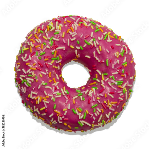 Donut with pink sugar fudge isolated on a white background.