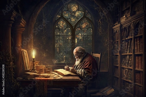 Exploring History Through Literature  An Old Man Reads in an Ancient Gothic Library  Generative AI