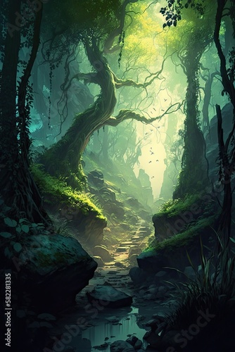 Fantasy Landscape: Forest Illustration with Digital Art and Jungle Artwork Set in an Enchanted Environment of Nature, Flora, and Green Trees: Generative AI