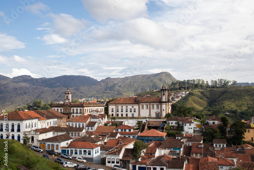 View of Museum of Inconfidência and Church of Our Lady Of Carmo, with mountains in the background, Ouro Preto, Minas Gerais, Brazil - Vista do Museu da Inconfidência e Igreja Nossa Senhora do Carmo