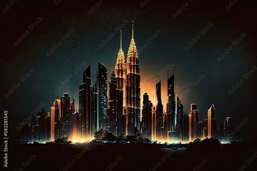 Majestic Nighttime Glow: A Modern Urban Skyline of Buildings and Lights: Generative AI